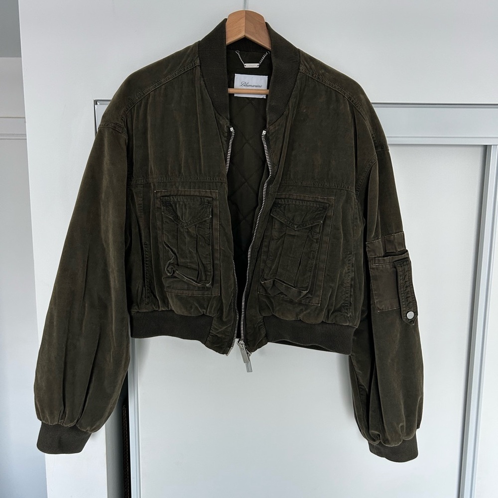 Blumarine Olive Green Bomber Jacket with Silver Zipper
